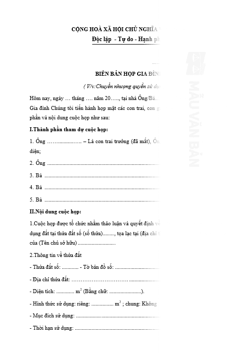 Mẫu biên bản họp gia đình chuyển nhượng đất