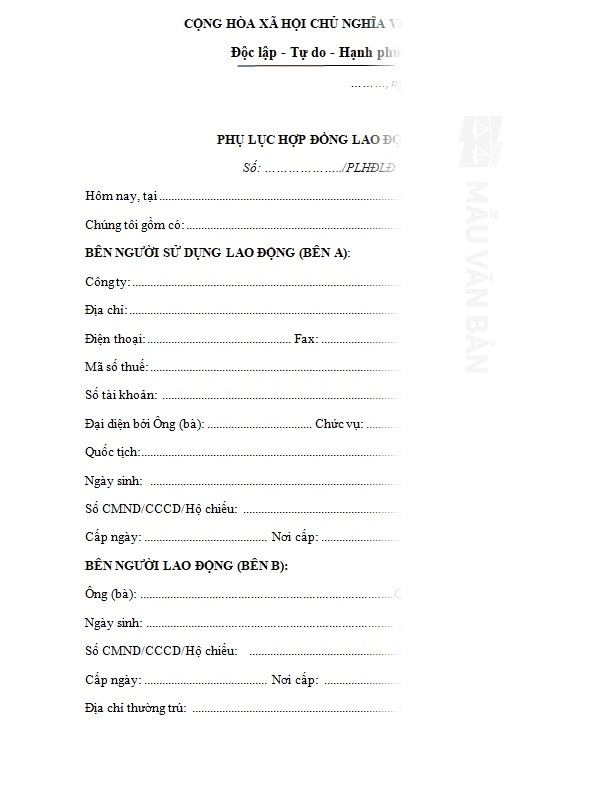 Mẫu phụ lục hợp đồng lao động