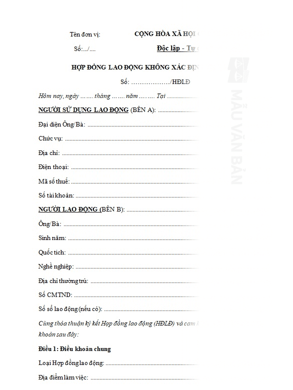 Mẫu hợp đồng lao động không xác định thời hạn