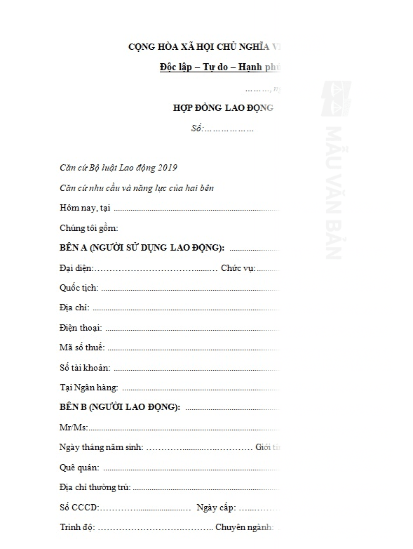Mẫu hợp đồng lao động với người nước ngoài