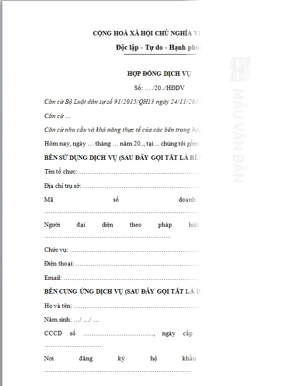 Mẫu hợp đồng dịch vụ với cá nhân