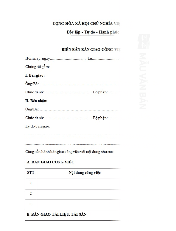 Mẫu biên bản bàn giao công việc