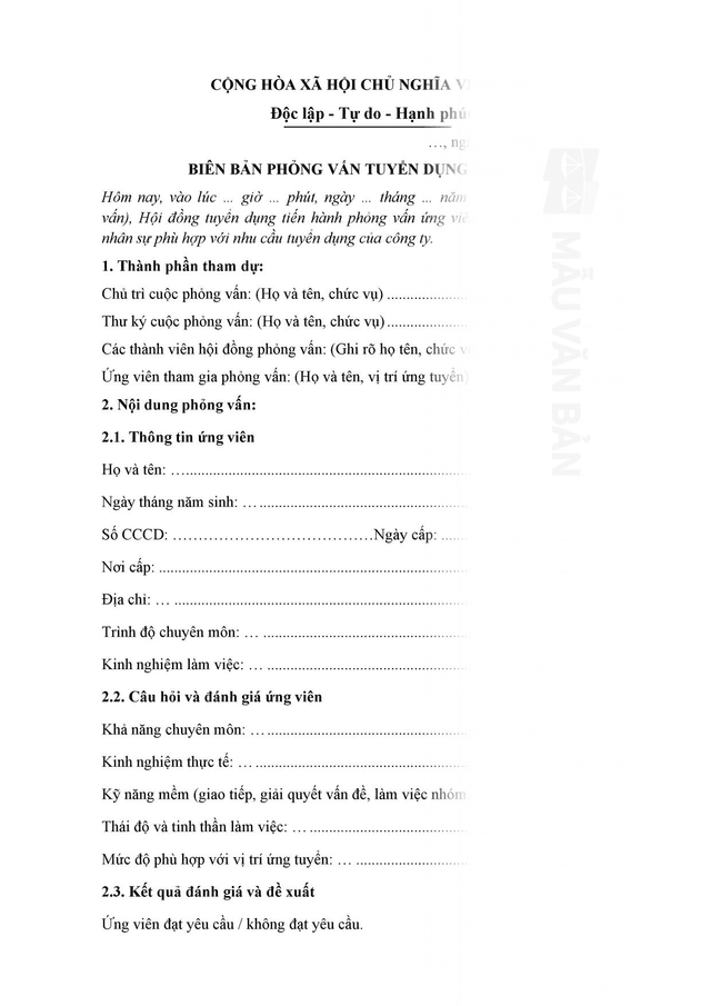 Biên bản phỏng vấn tuyển dụng lao động