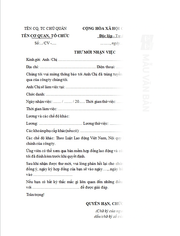 Mẫu giấy mời làm việc