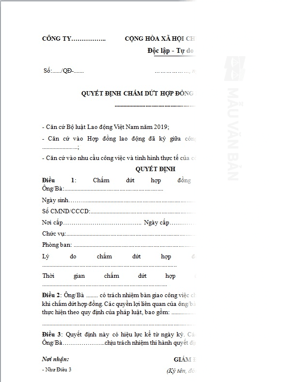 Mẫu quyết định chấm dứt hợp đồng lao động