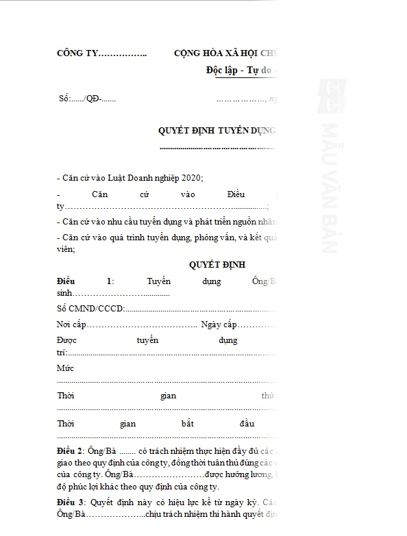 Mẫu quyết định tuyển dụng nhân sự của công ty