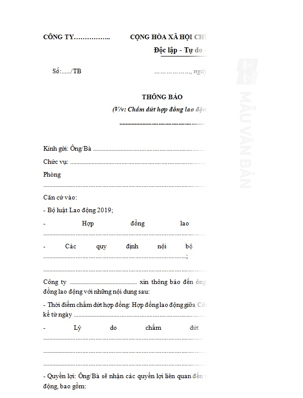 Thông báo chấm dứt hợp đồng lao động
