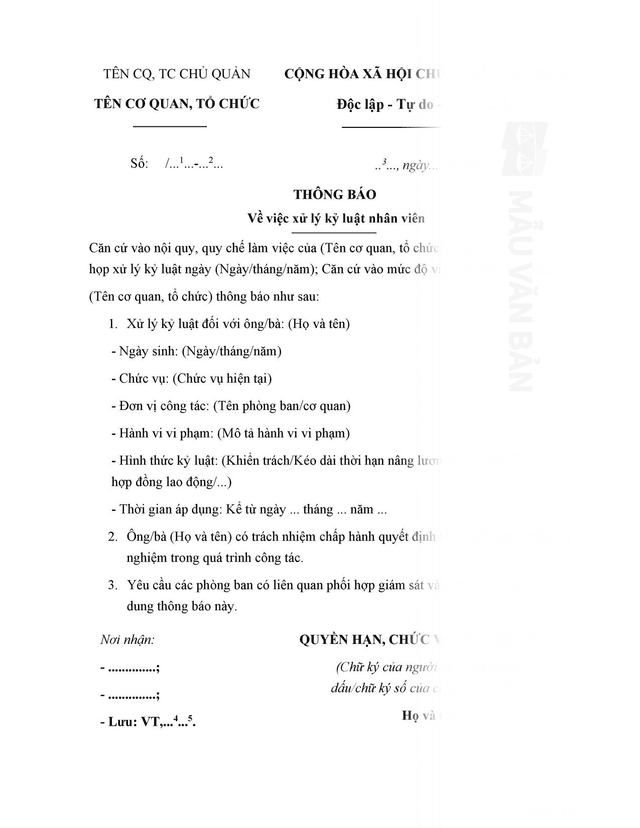 Thông báo xử lý kỷ luật nhân viên