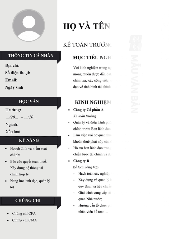 Mẫu CV Kế Toán Trưởng