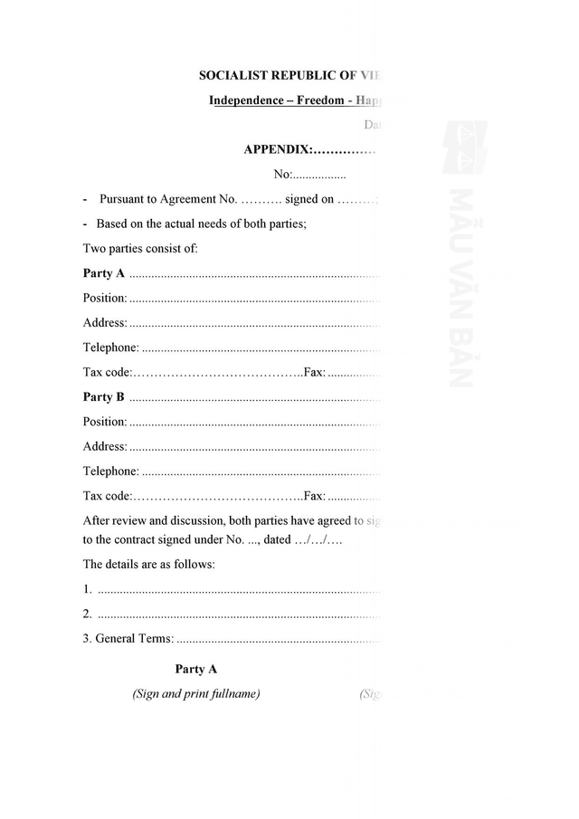 Phụ lục hợp đồng tiếng anh