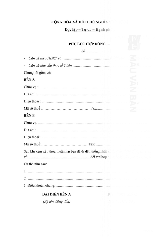 Phụ lục hợp đồng mẫu