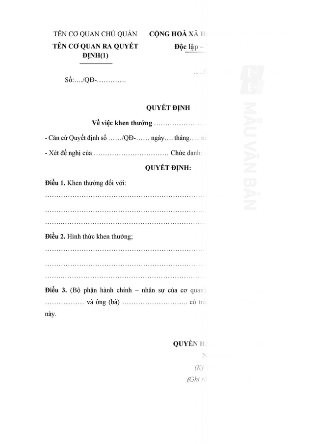 Mẫu quyết định khen thưởng