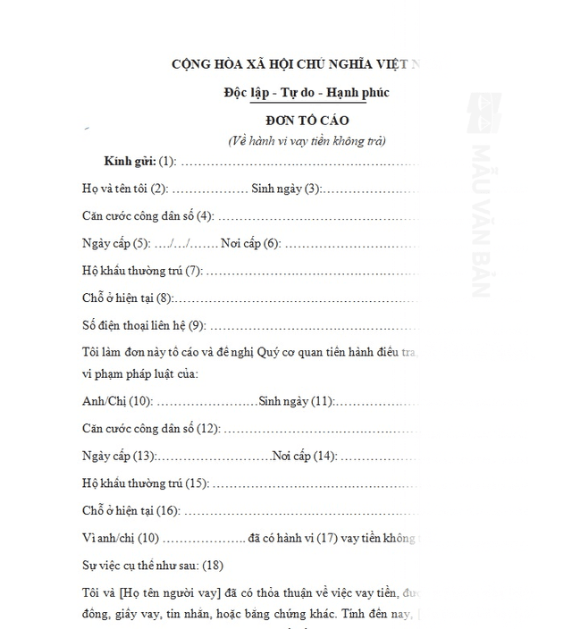 Mẫu đơn tố cáo vay tiền không trả
