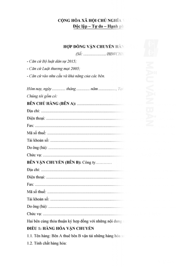 Hợp đồng vận chuyển hàng hóa