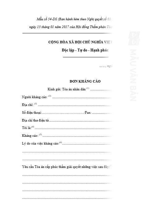 Mẫu đơn kháng cáo ly hôn