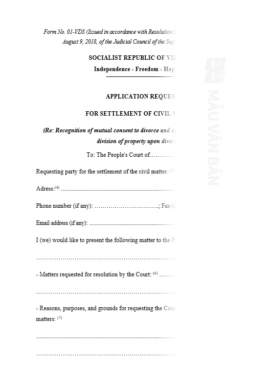 Mẫu đơn xin ly hôn bằng tiếng anh