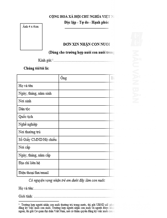 Đơn xin nhận nuôi con nuôi