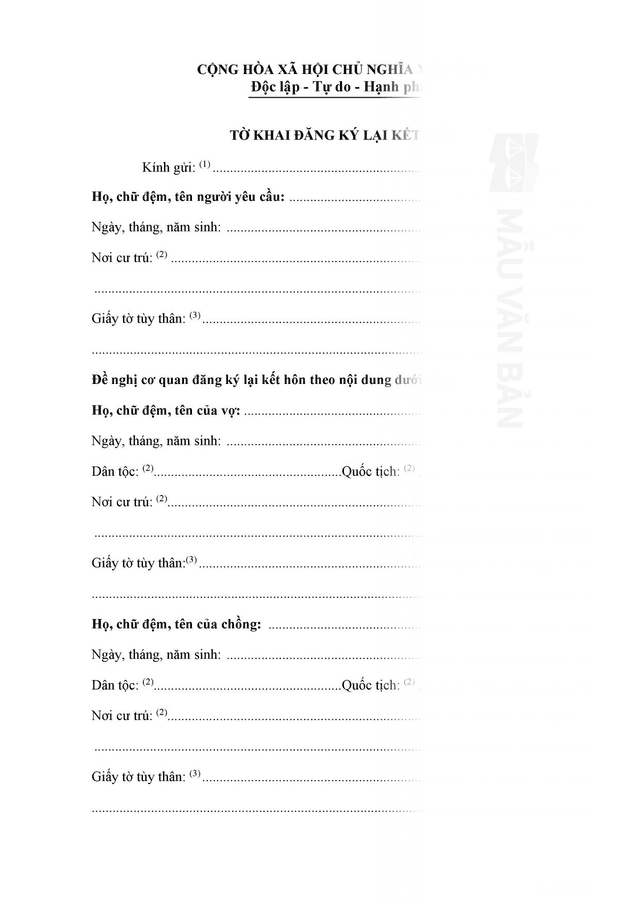 Đơn xin đăng ký lại kết hôn