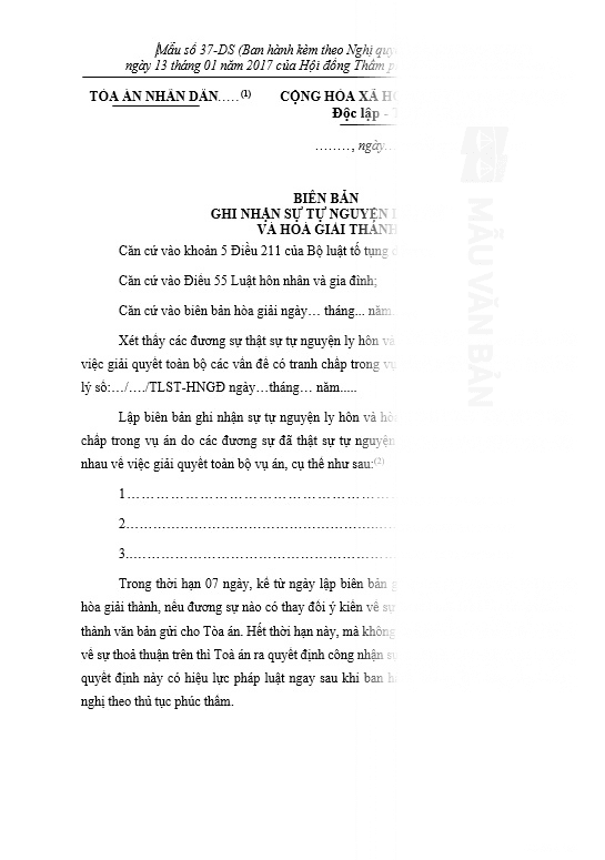 Mẫu biên bản hòa giải ly hôn