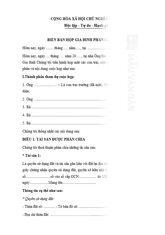Biên bản họp gia đình phân chia tài sản