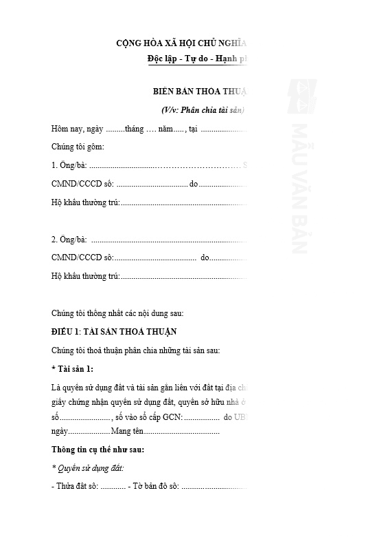 Biên bản thỏa thuận phân chia tài sản