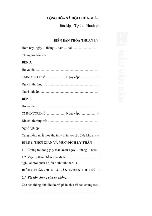 Biên bản thỏa thuận ly thân