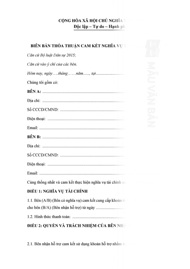 Biên bản cam kết nghĩa vụ tài chính sau ly hôn