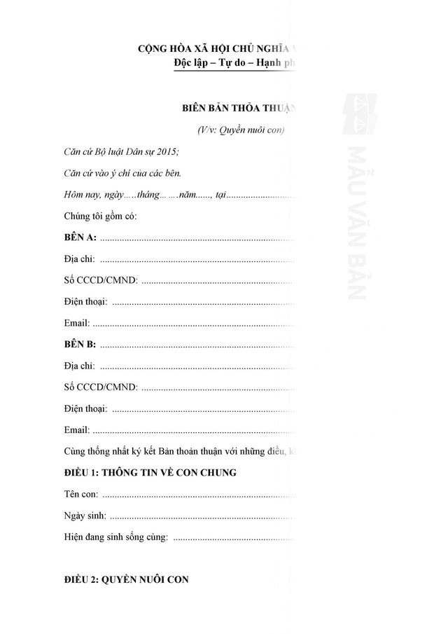 Mãu Biên bản thỏa thuận quyền nuôi con