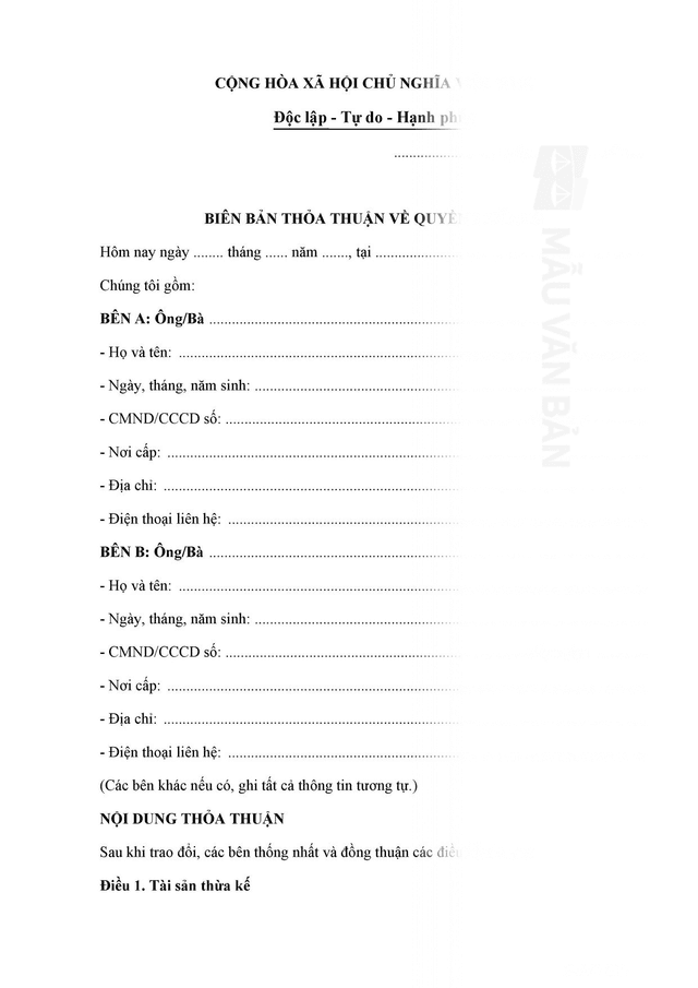 Biên bản thỏa thuận về quyền thừa kế