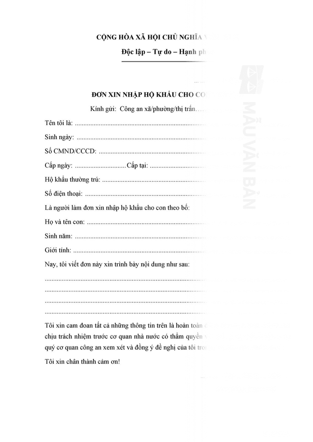 Đơn xin nhập hộ khẩu cho con