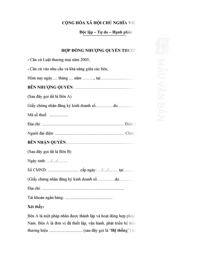 Mẫu hợp đồng nhượng quyền thương mại