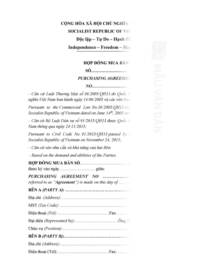 Mẫu hợp đồng thương mại quốc tế song ngữ