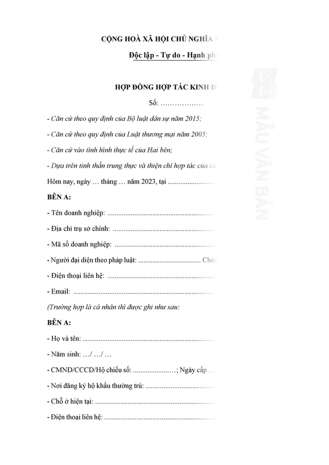 Mẫu hợp đồng hợp tác đầu tư