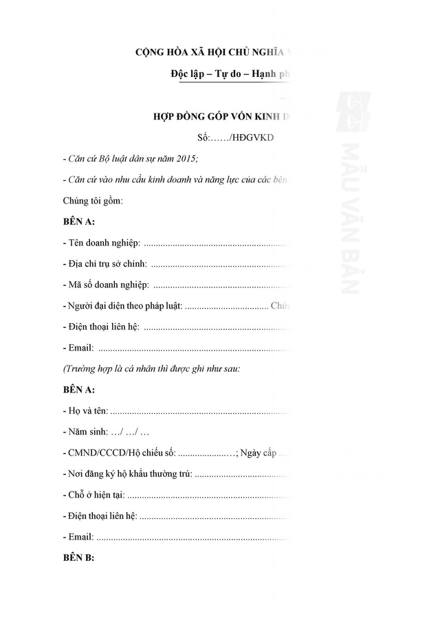Mẫu hợp đồng hợp góp vốn đầu tư