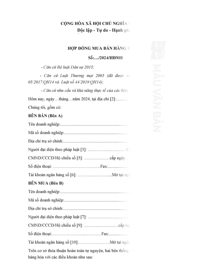 Mẫu hợp đồng mua bán hàng hóa 