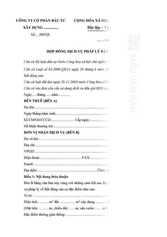 Hợp đồng dịch vụ pháp lý bất động sản