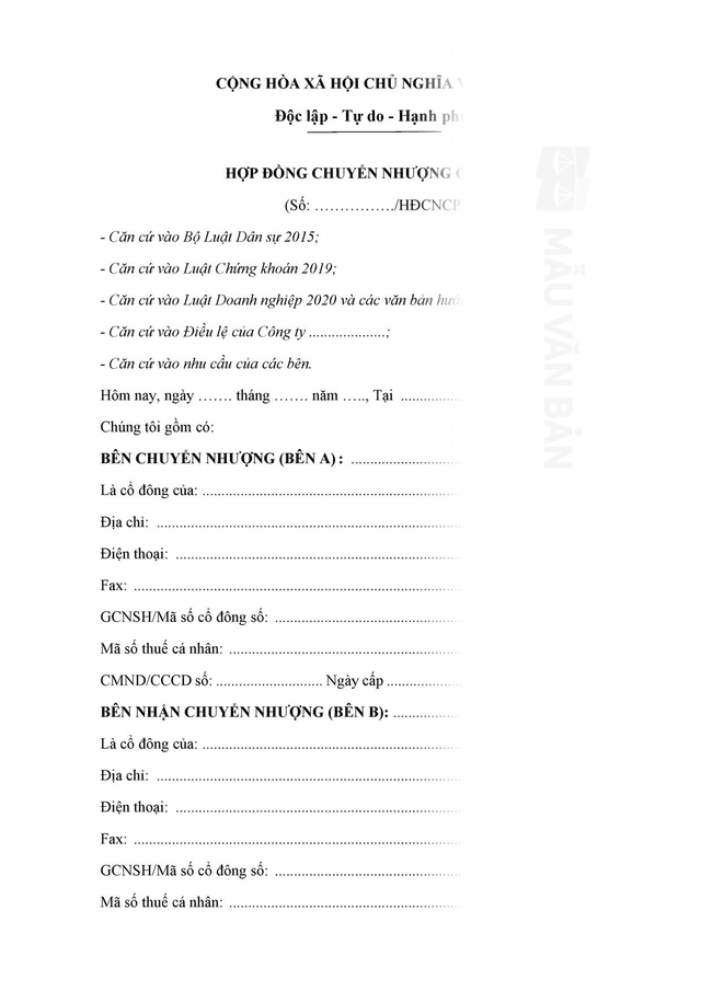Hợp đồng chuyển nhượng cổ phần cá nhân