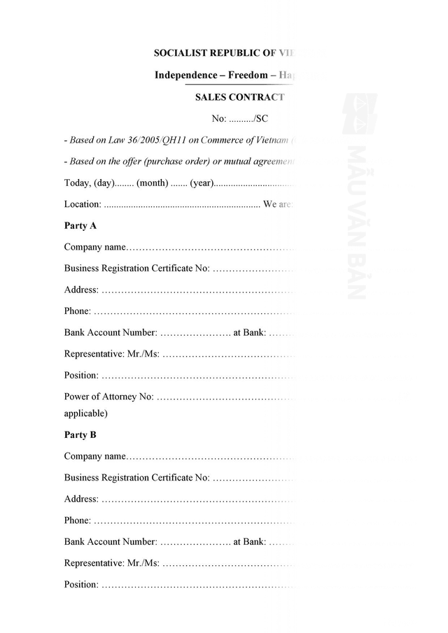 Mẫu hợp đồng mua bán hàng hoá bằng Tiếng Anh