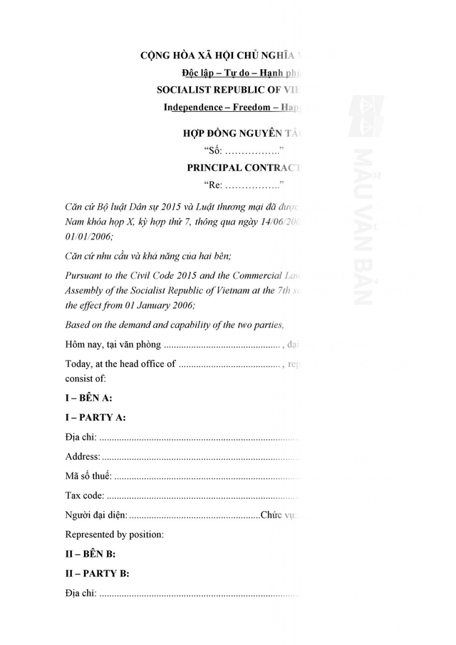 Mẫu hợp đồng nguyên tắc song ngữ