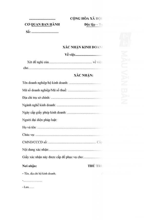 Mẫu Giấy xác nhận kinh doanh