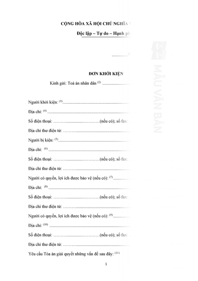 Mẫu đơn khởi kiện vay tiền