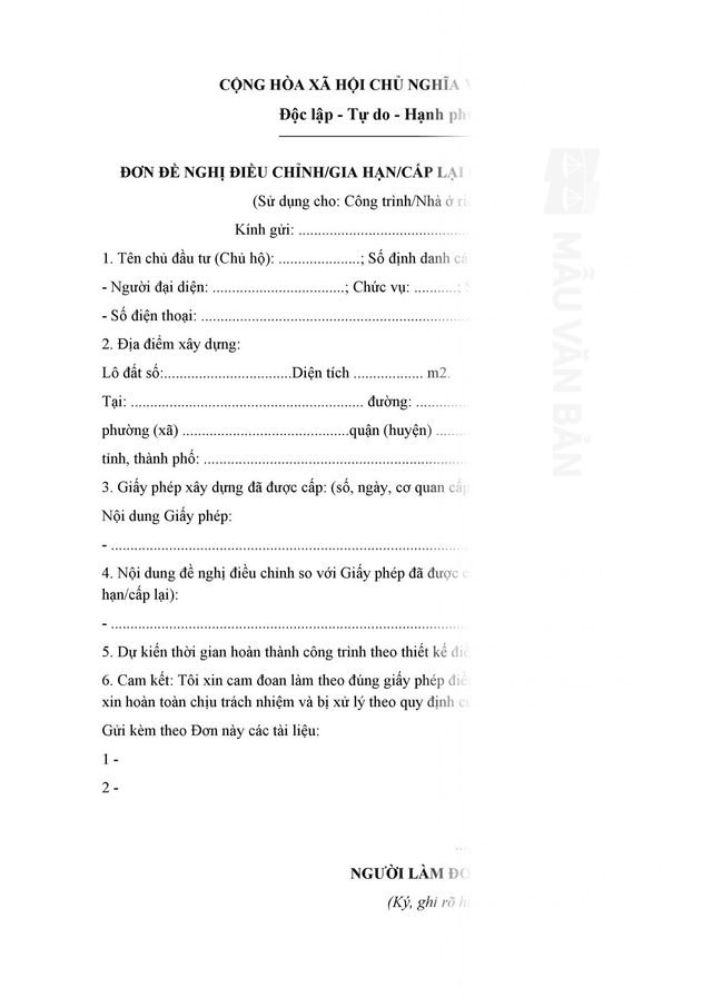 Đơn xin gia hạn giấy phép xây dựng