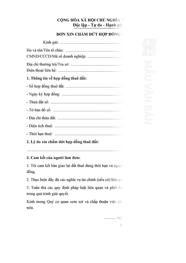 Đơn xin chấm dứt hợp đồng thuê đất