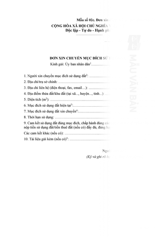 Đơn xin chuyển mục đích sử dụng đất