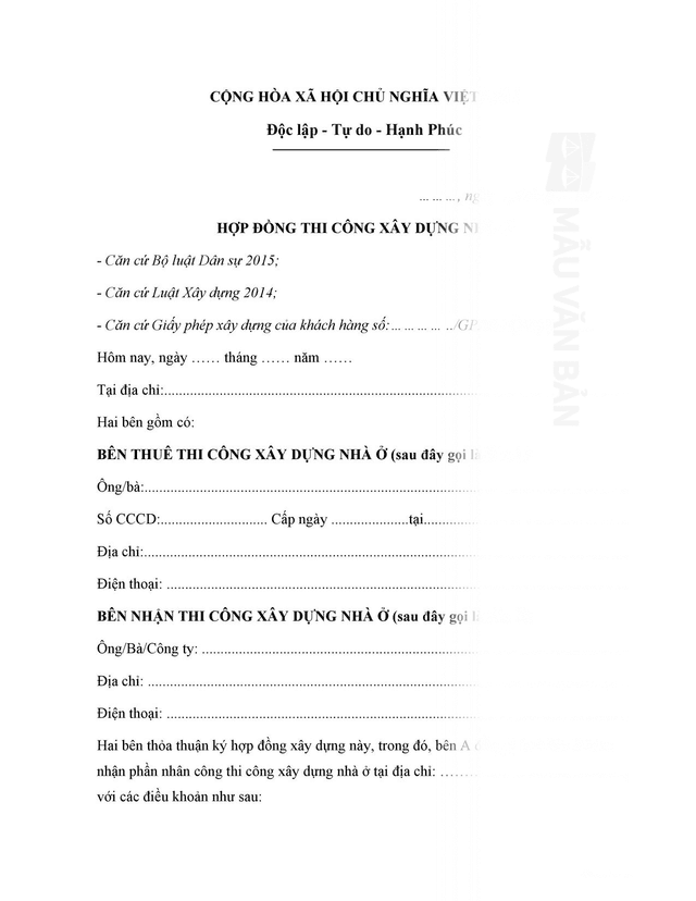 Hợp đồng xây dựng nhà ở gia đình