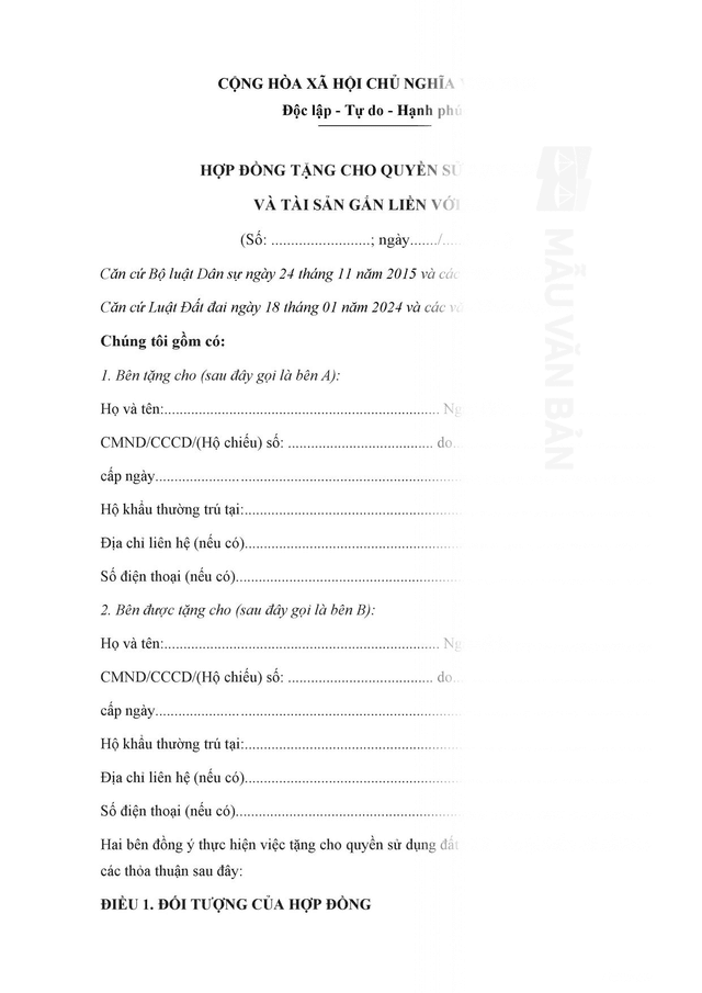 Mẫu hợp đồng tặng cho quyền sử dụng đất