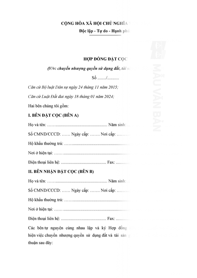 Hợp đồng đăt cọc mua bán đất