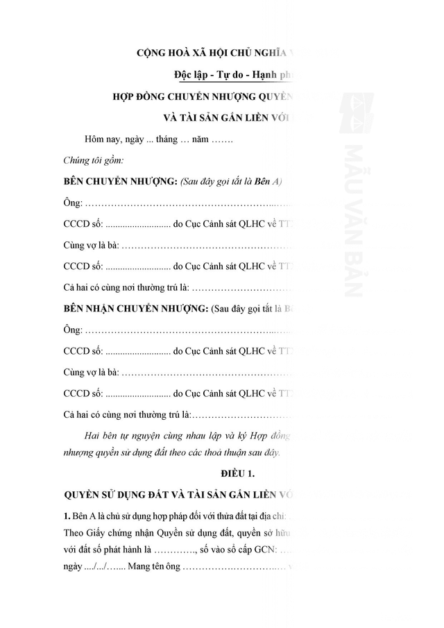 Mẫu hợp đồng mua bán đất chưa tách thửa