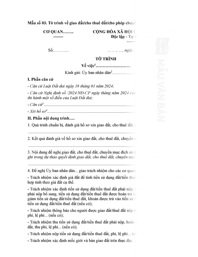 Tờ trình xin giao đất cho tổ chức, cá nhân