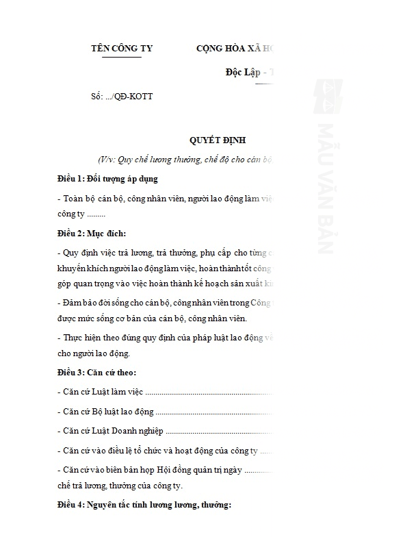 Mẫu quy chế lương thưởng